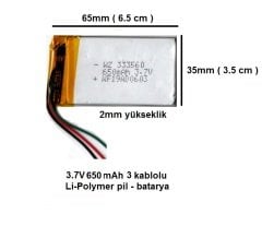 650 mAh Bluetooth Hoparlör - Drone - Navigasyon -Proje ve Tasarım için 3.7V Batarya - Pil