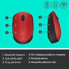 Logitech M171 USB Alıcılı Kablosuz Kompakt Mouse - Kırmızı