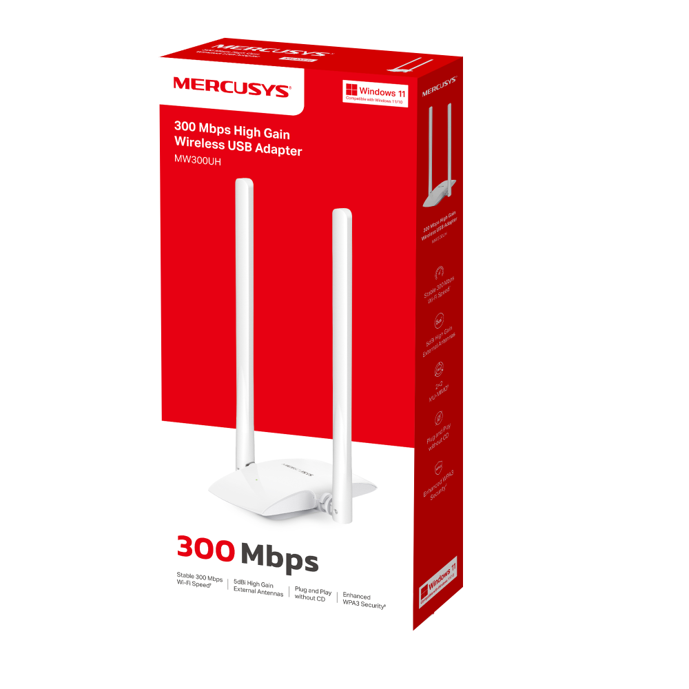 Mercusys MW300UH, N300 Mbps, Yüksek Çekim Güçlü Kablosuz USB Adaptör