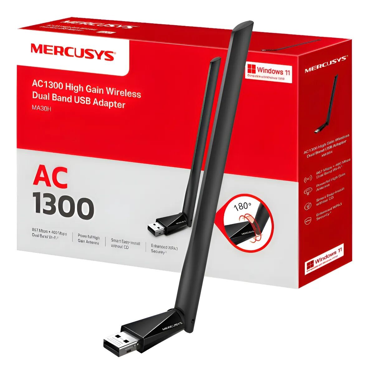 Mercusys MA30H | AC1300 Mbps Dual‑Band Wi‑Fi 5 USB 3.0 Adaptör | Yüksek Çekim Gücü | Tak‑Çalıştır | Windows 10/11